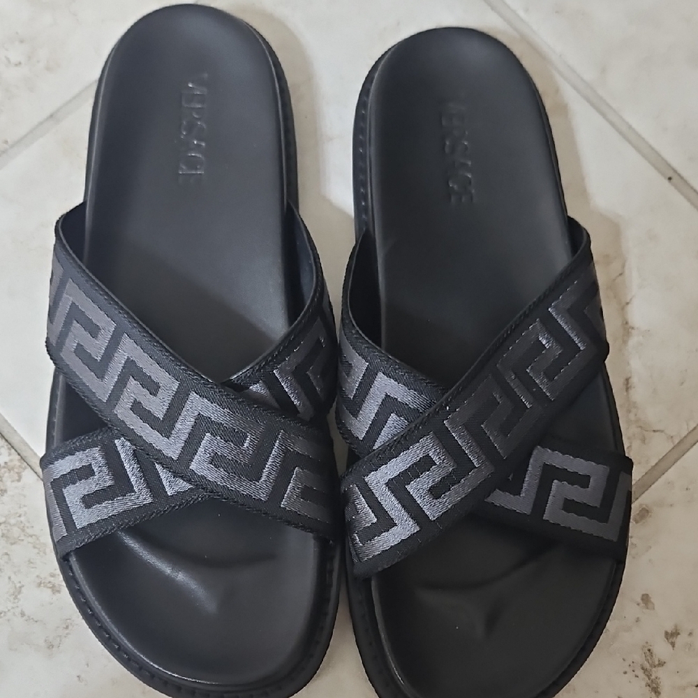 Versace Black Slide Sandals with Greek Key Design